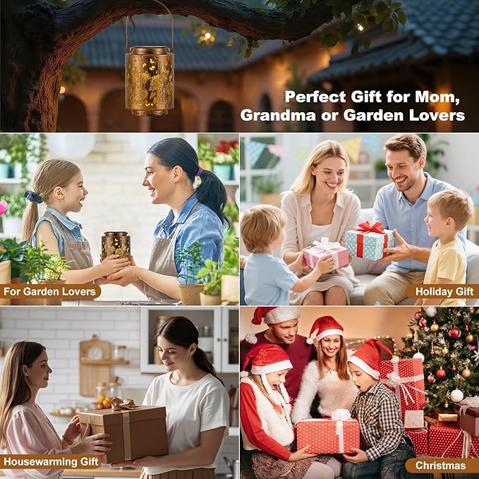 Hanging Solar Lanterns for Outside Sunflower and Butterfly Decorative Lights Warm Glow with Metal Finish Garden Lanterns Waterproof Gifts for Women Patio Décor