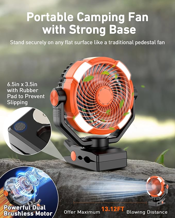 DUKUSEEK Clip Fan with LED Lantern, 20000mAh Rechargeable Clamp Fan, 360° Rotation USB Personal Fans with Hanging Hook, 9in Portable Camping Fan for Bed, Car, Bedroom, Outdoor