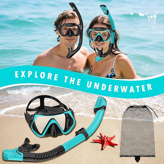 Snorkeling Gear for Adults, Adult Snorkel Mask Set Scuba Diving Dry-Top, Swimming Goggles w/Nose Cover, HD Tempered Glass Panoramic Anti-Leak Anti-Fog, Travel Snorkeling Packages Storage Bag, 2 Pack