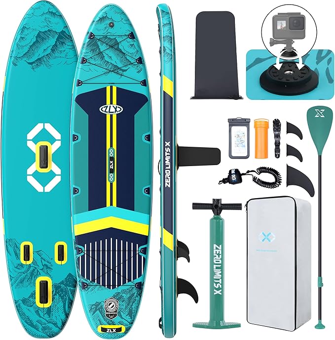 ZLX 11'6" Extra Wide Inflatable Stand Up Paddle Board SUP, Stable Non-Slip Deck Pad, Unique Fin System and Premium iSUP Accessories - Portable Backpack & Upgraded Pump for Adults, All Skill Levels