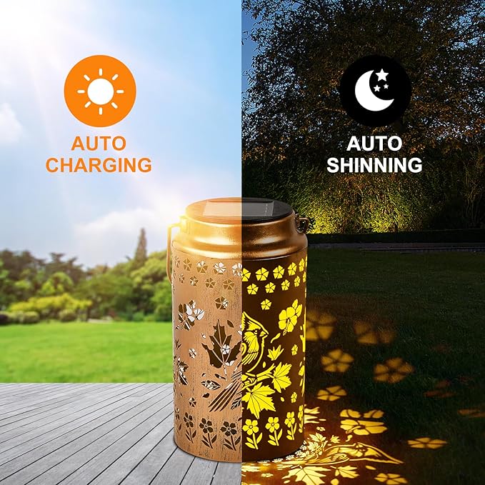 Cardinal Solar Lanterns Outdoor Waterproof, Metal Hanging Lights Decorations for Garden Yard Lawn Patio, Unique Cardinal Gifts for Women Mom Grandma Gardener for Mother'Day Christmas