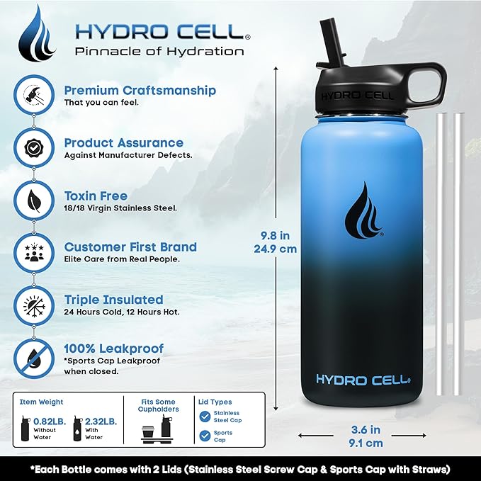 HYDRO CELL Stainless Steel Insulated Water Bottle with Straw - For Cold & Hot Drinks - Metal Vacuum Flask with Screw Cap and Modern Leakproof Sport Thermos for Adults (Blue/Black 32oz)