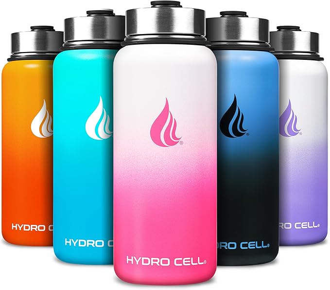 HYDRO CELL Stainless Steel Insulated Water Bottle with Straw - For Cold & Hot Drinks - Metal Vacuum Flask with Screw Cap and Modern Leakproof Sport Thermos for Adults (White/Pink 32oz)