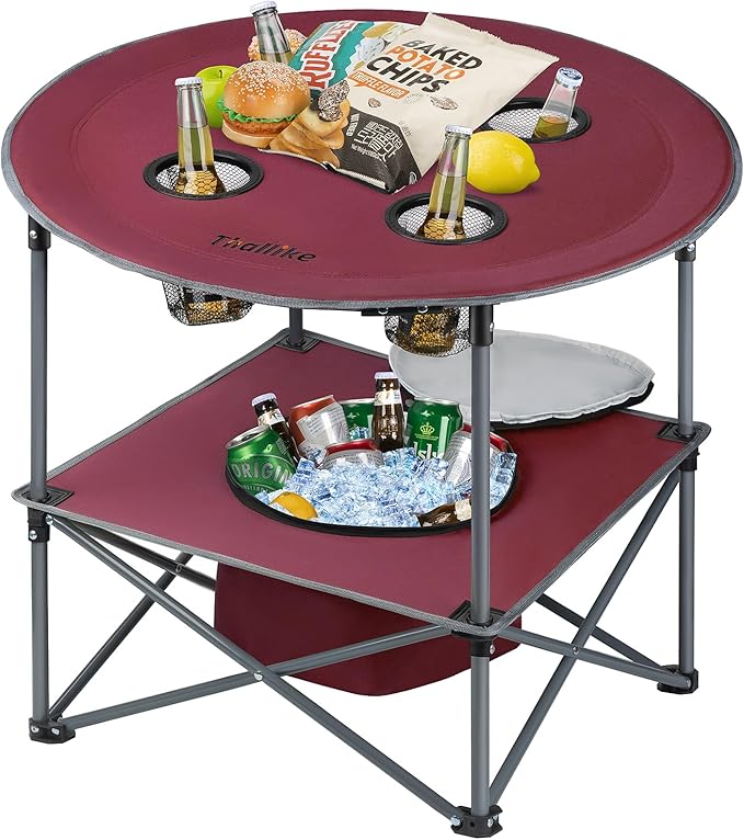 Portable Lightweight Folding Camping Table - Collapsible Foldable Picnic Camp Table with Cooler 4 Enlarged Upgraded Cup Holders and Carry Bag for Tailgating Beach BBQ RV Hiking Party Travel