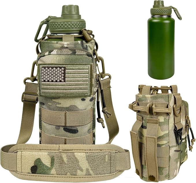 32 oz Water Bottle with Sleeve - Military Green Stainless Steel Metal Insulated Water Jug, Sports Bottle for Gym Hiking Camping Camo Pouch