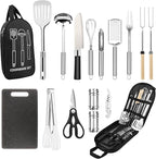 Camping Cooking Utensils Set, Stainless Steel Grill Tools, Camping BBQ Cookware Gear and Equipment for Travel Tenting RV Van Picnic Portable Kitchen Essentials Accessories