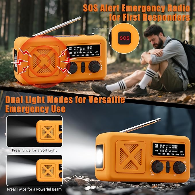 Emergency Radio Hand Crank Solar, 5000mAh/18500mWh Emergency Weather Radio, Hand Crank Solar Radios with NOAA/AM/FM, Cell Phone Charger, Headphone Jack, Flashlight for Indoor Outdoor