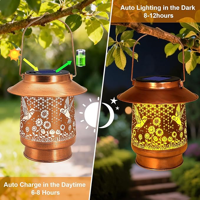 Hummingbird Solar Lanterns Outdoor Garden Decor, Sunflower Gifts for Women Mom Grandma Birthday Hanging Metal Solar Lights Waterproof Decoration for Garden Yard Lawn Patio
