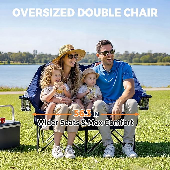 Double Camping Chair for Adults Oversized 2 Person Loveseat Chair for Heavy People, Folding Padded Outdoor Seat with Cup Holders & Carry Bag, 660 lbs Capacity, for Camping, Sports, Backyard
