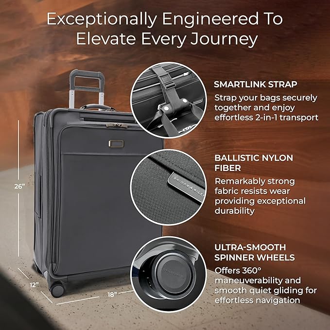 Briggs & Riley 26" Medium Expandable Spinner - Checked Luggage for Travel, Suitcases with Wheels, Softside Rolling Bag for Men & Women, Self-Repairing Zipper - Baseline Collection, Steel Gray