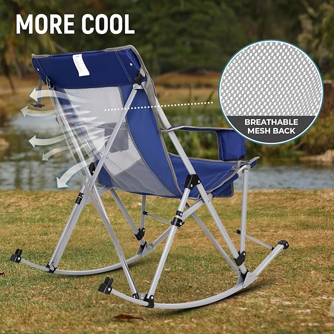 FUNDANGO Rocking Camping Chair, 2 Pack High Mesh Back Portable Folding Camp Chairs with Pillows, Cup Holder and Carry Bag for Lawn Patio Garden Outdoor Supports 300 Lbs (Blue/Grey)