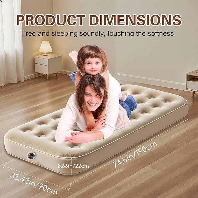 Twin Size Air Mattress – Single Inflatable Bed with Fiber-Tech Support, 10" Height, 300 lbs Capacity, Portable Blow Up Mattress for Camping, Guests & Travel
