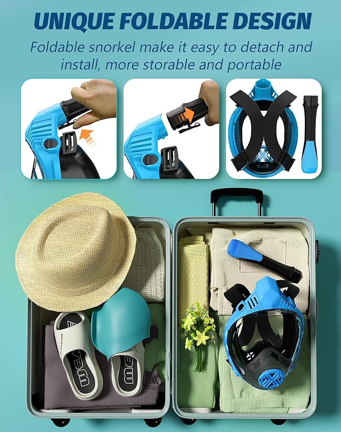 Full Face Snorkel Mask- Snorkeling Gear for Adults with Safe Dry Top Breathing System, Latest Foldable Panoramic View Snorkeling Mask for Men and Women, Anti Fog Anti Leak
