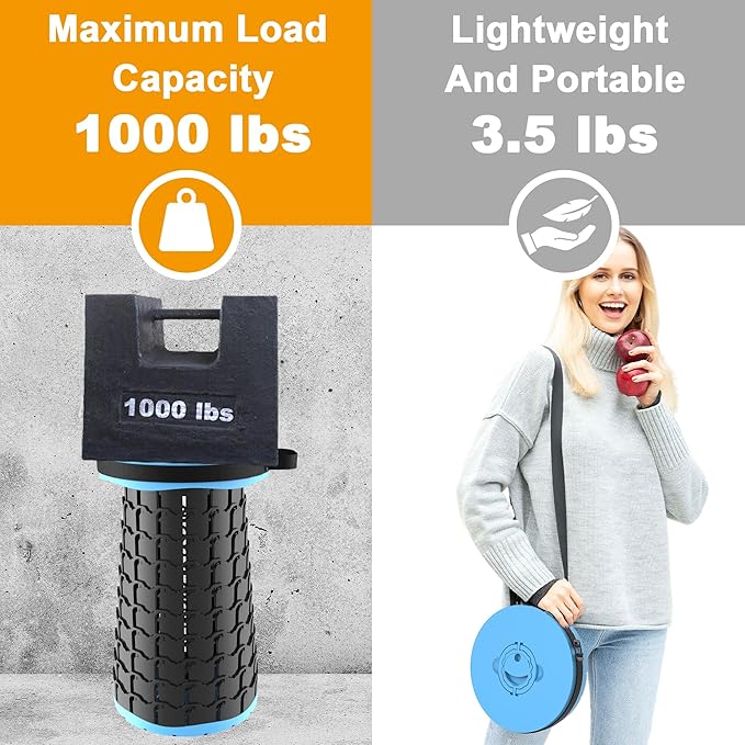 ALEVMOOM Upgraded XXL 19.7" Collapsible Stool, Heavy Duty Portable Folding Stool Max Load 1000 lbs, Retractable Telescoping Foldable Seat for Camping Fishing Hiking Travel BBQ
