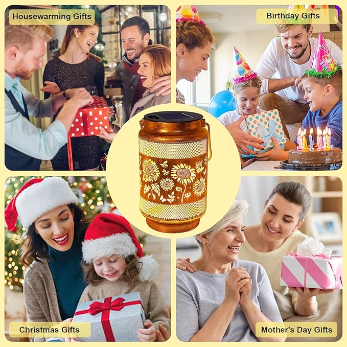 Sunflower Solar Lanterns Outdoor Waterproof with Shepherd Hook, Sunflower Birthday Gifts for Women Mom Grandma, Metal Solar Hanging Lights Garden Decor for Outside Yard Patio Pathway Backyard Porch