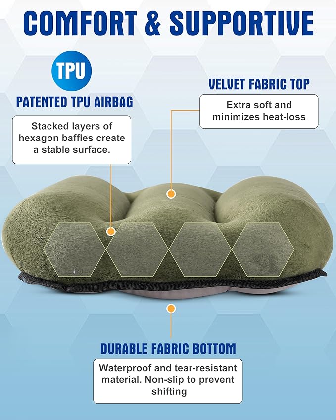 Ultralight Inflatable Camping Pillow for Sleeping – Soft Velvet Cover, Compact & Portable, Ergonomic Neck Support, Machine Washable Air Pillow, Perfect for Travel, Hiking, Backpacking – Green