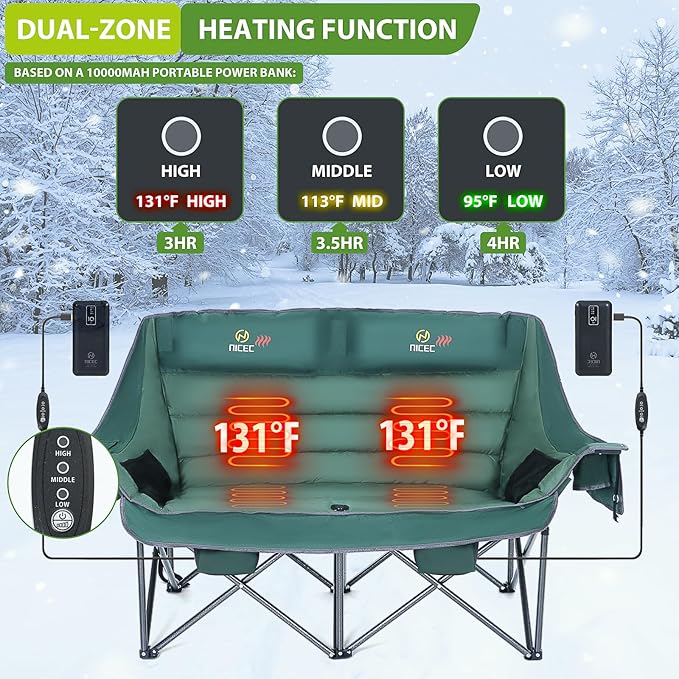 Nice C Heated Camping Chair with Battery, Heated Double Camping Couch, Oversized Thick Padded Loveseat, Heated Camping Chair for Adults, with Cooler Bag, Bottle Opener, Power Bank (Green)