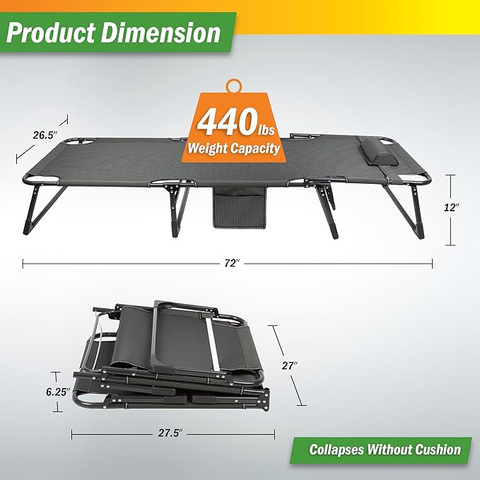 Folding Camping Cot with Mattress for Adults up to 440lbs - Heavy Duty Foldable Bed with Removable Cot Mattress and 3 Recline Positions for Travel, Camp, Beach or Guest Bed by Wakeman Outdoors (Gray)