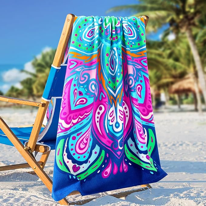 6 Packs Oversized Terry Beach Towel Set 36 x 72 Soft Thin Extra Large Pool Camping Swim Bulk Towels Blanket Clearance Travel Adult Essentials Accessories Must Haves Vacation Striped Flowers Flamingo