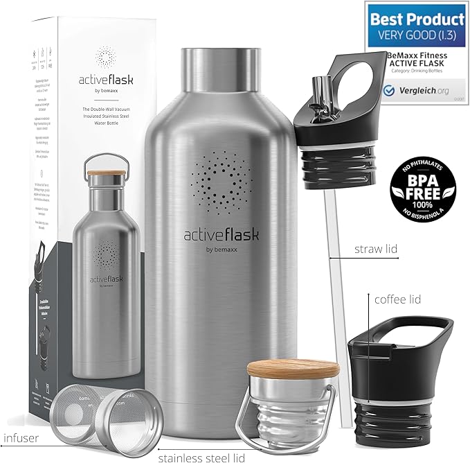 Stainless Steel Water Bottle with Straw, Infuser & 3 Lids: 18/32 OZ Leak-Proof Vacuum Insulated ACTIVE FLASK Drinking Bottles Hot Cold: Double Walled Outdoor Drink Thermo Mug Tea Coffee Sport Gym Bike