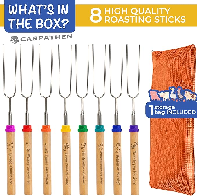 CARPATHEN Marshmallow Roasting Sticks Campfire - Set of 8pcs Smores Sticks With Beautifully Engraved Handles - Perfect as a Gift - Telescoping Stainless Steel Hot Dog Sticks Skewers