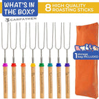 CARPATHEN Marshmallow Roasting Sticks Campfire - Set of 8pcs Smores Sticks With Beautifully Engraved Handles - Perfect as a Gift - Telescoping Stainless Steel Hot Dog Sticks Skewers