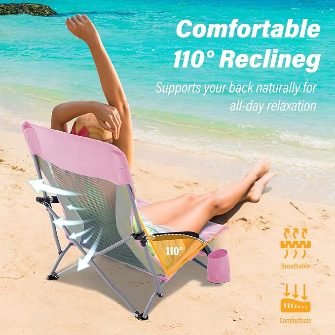 Homcosan Portable Low Folding Beach Chair - Lightweight Camping Chair for Adults with Cup Holder & Storage Pocket, Carry Bag Included (Pink & Yellow)