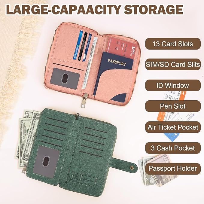 RFID Blocking Passport Wallet, Anti Theft PU Texture Passport Pouch with Tracker Case, Travel Document Organizer Zipper Wallet with Wrist Strap & Keychain, Gifts for Women and Men (Green)