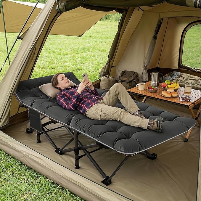 ABORON Camping Cot for Adult 28" Extra Wide, Heavy-Duty 1200D Oxford Cot for Sleeping, Portable Folding Camp Bed with Mat & Carry Bag