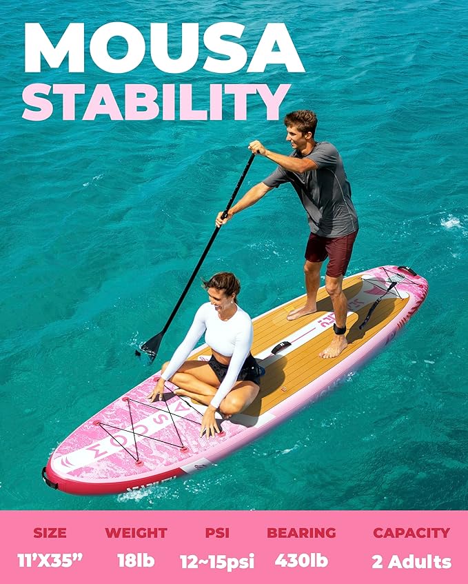 MOUSA 10‘8/11'×35" Extra Wide Inflatable Stand Up Paddle Board, Stable Paddleboard SUP for 2 People/Family, Anti-Slip Full EVA Deck, 3 Handles, 100L Backpack, All-Round Sup Board, Big Fin