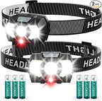 Headlamp 2 Pack,1500 Lumen Bright LED Head Lamp with 7 Modes, Head Lights for Forehead with Red Light, IPX5 Waterproof Head Light for Adults and Kids Camping Running, 6AAA Batteries Included