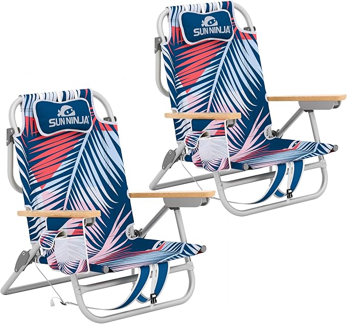 SUN NINJA Beach Chair – Folding Chair for Beach with 5 Reclining Positions, Cup & Phone Holder, Insulated Back Storage Pouch, Portable Lightweight Aluminum Frame - Palm Tree - 2pc