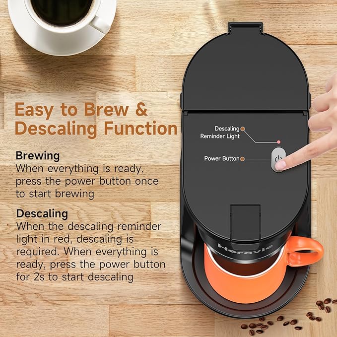 Single Serve Coffee Maker, Fast Brew One Cup Coffee Machine for K Cup and Grounds, 6 to 12 oz. Brew Sizes, Capsule Coffee Machine with Descaling Reminder and Viewing Tank, Black