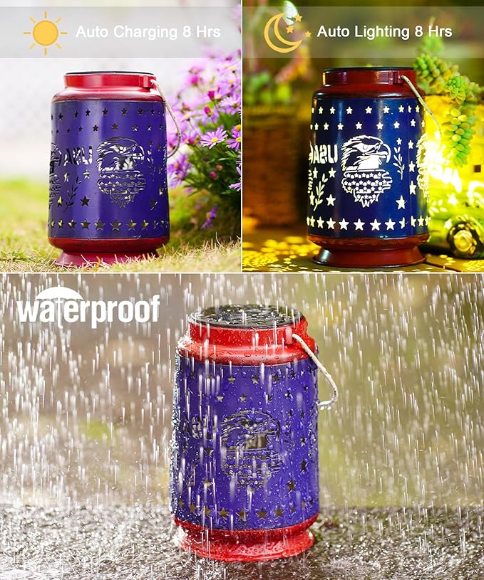Nacome Solar Lantern for Garden Decor: The United States Flag Waterproof Hanging Metal Decoration with LED Lights for Yard Lawn Porch Patio Landscape Pathway – Birthday Gifts for Mom Grandma Women