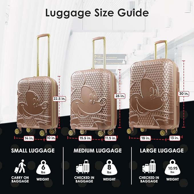 FUL Disney Mickey Mouse 3 Piece Rolling Luggage Set, Hardshell Suitcases with Spinner Wheels, 22/26/30 Inch, Rose Gold