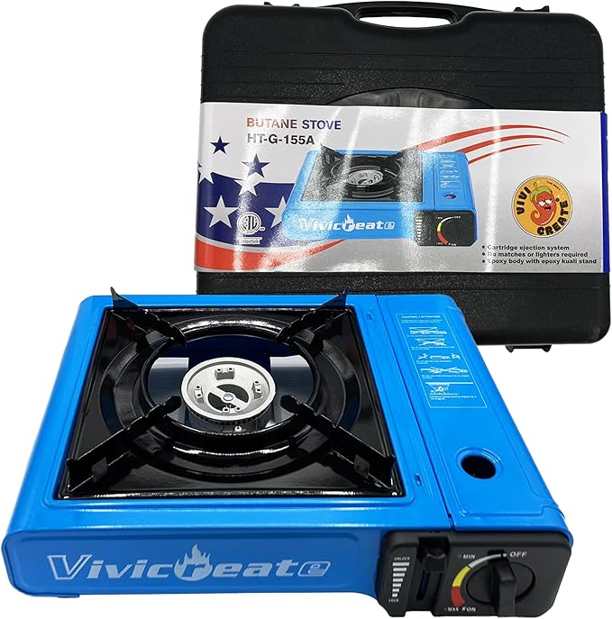 Vivicreate 7000 BTU Portable Butane Gas Stove for Camping Cooking Outdoor, Lightweight Portable Stove Burner with Auto Ignition, Estufa de Gas Portátil para Camping al Aire Libre（Blue）