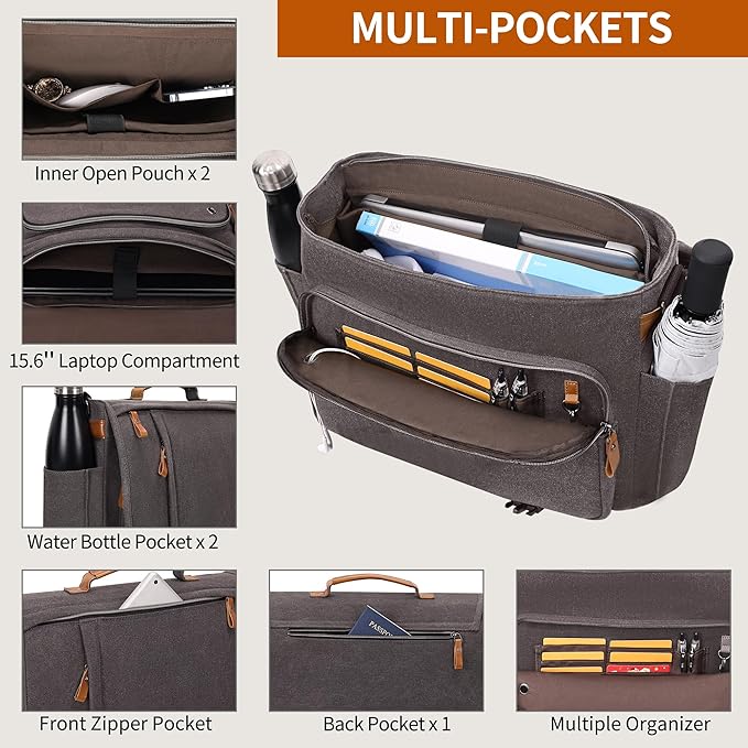 ESTARER Computer Messenger Bag 15-15.6 inch, Laptop Work Bag Briefcase for Bussiness/College/Travel, Water-resistant Canvas Shoulder Satchel, Grey
