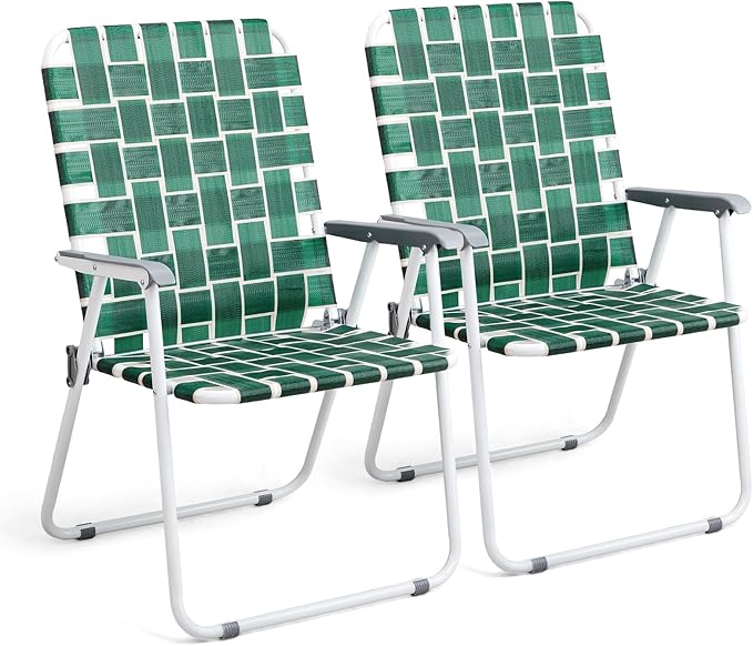 VINGLI Patio Lawn Webbed Folding Chairs Outdoor Beach Portable Camping Chair for Yard, Garden (2, Dark Green, Oversized)