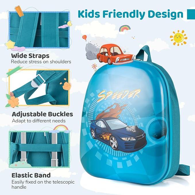 HONEY JOY Kids Luggage, Travel Backpack & Hard Shell Toddler Suitcase, Children Rolling Luggage with Wheels, Retractable Handle & 4 Casters, 2Pcs Carry On Luggage Set for Boys Girls(Racing Car)