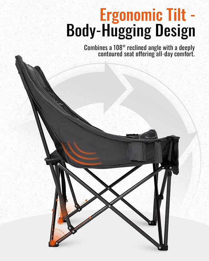KingCamp Oversized XL Camping Chair, Heavy Duty 500lbs Folding Couch for Adults, Padded Large Comfortable Sofa Seat with Cooler Bag Cup Holder for Outdoor Sports Fishing Patio Lawn, Lava/Grey