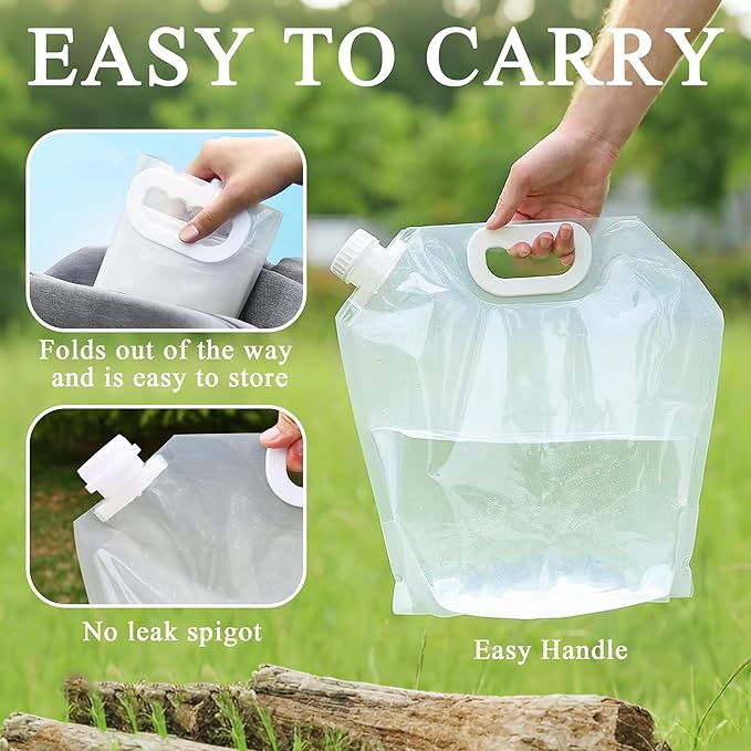 4 Pack Collapsible Water Jugs, 1.3/2.6 Gallon - BPA Free Clear Plastic Water Bag with Handle for Camping, Emergency, Hiking - Leakproof Freezable Collapsible Water Container Bags(4 x 5L)