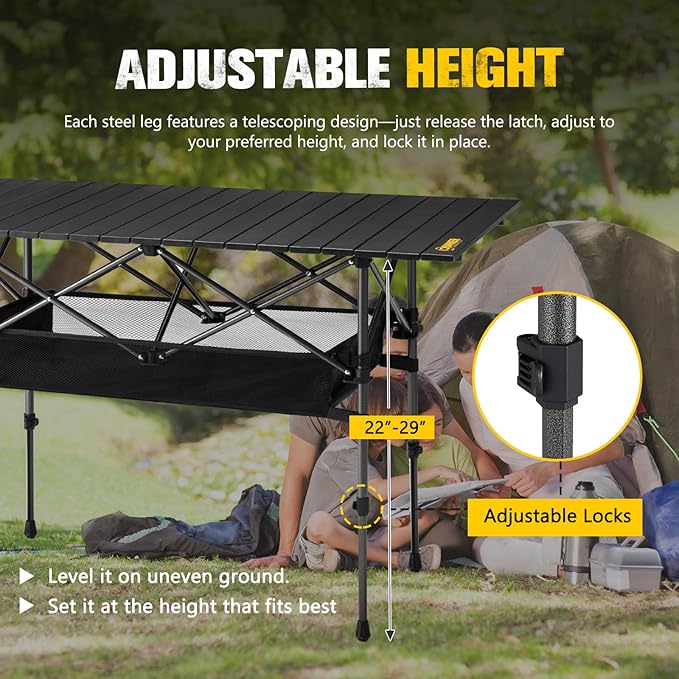 BUNKER INDUST Folding Camping Table, Outdoor Portable Roll-Top Aluminum Table with Carry Bag for Picnic,Beach,BBQ,Backyards, Adjustable Height