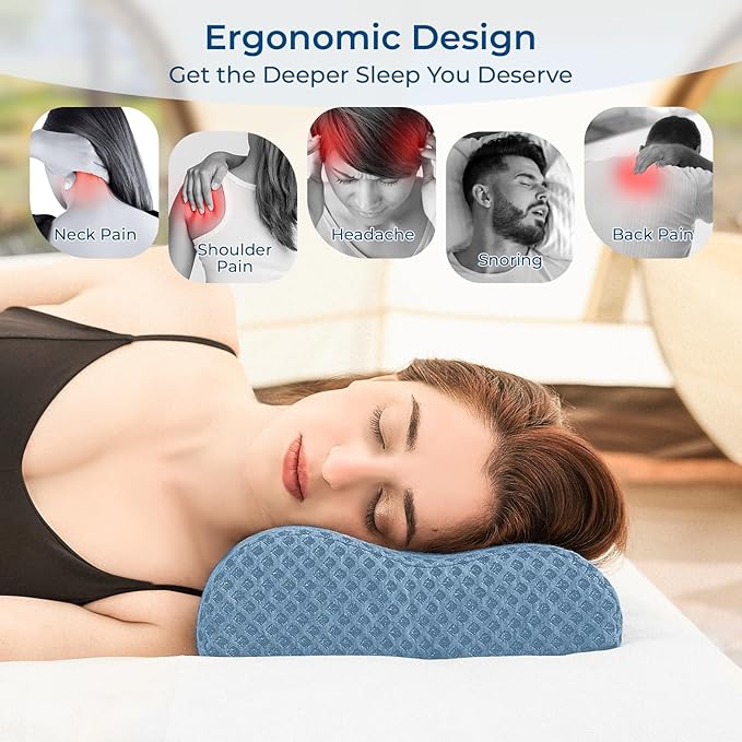 Travel Pillow Memory Foam Pillows, Ergonomic Wave Cervical Neck Pillow for Neck Pain Relief, Compressible Medium Firm Side Sleeper Pillow, Ideal for Camping, Office, Home & Bed (Blue, L)