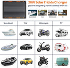 FlexSolar 20W 12V Solar Panel Battery Charger Maintainer Kits Trickle Charger with Built-in Charge Controller, Cig Plug, Alligator Clips, O-Rings OBDII Connector for Car, Truck,Tractor, Boat
