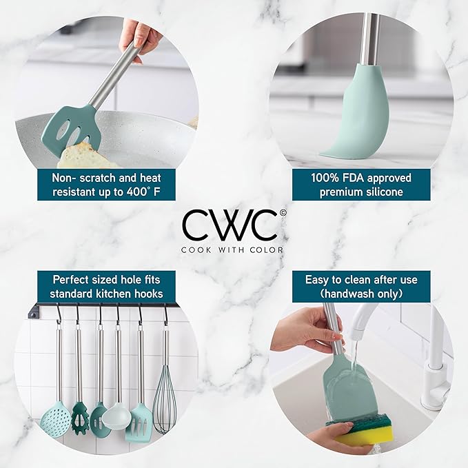 COOK WITH COLOR Silicone Cooking Utensils, Kitchen Utensil Set, Easy to Clean Silicone Kitchen Utensils, Cooking Utensils for Nonstick Cookware, Kitchen Gadgets Set, 10 Pieces, Teal