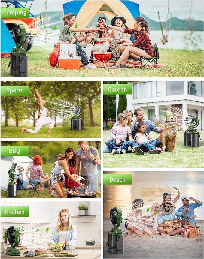 Misting fan with 7L bucket 90°Oscillating ,4 Spray Mister 25000mAh Rechargeable Camping fan with Remote Control Stepless Speed and Timer for Patios/Camping，Waterproof Design Outdoor Fans (Green)