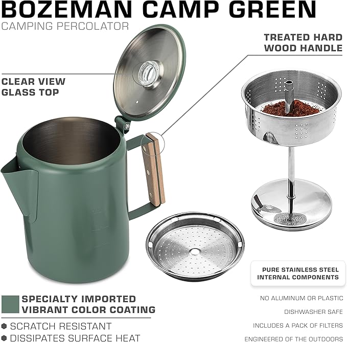 COLETTI Bozeman Camping Coffee Pot — Camping Coffee Makers, Coffee Percolator – America's Sleekest Percolator – NO Aluminum or Plastic (Camp Green)