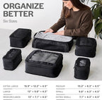 Compression Packing Cubes for Travel - Luggage Organizer Bags - Double Zipper Packing Cubes for Suitcases (6-Pack, Black)