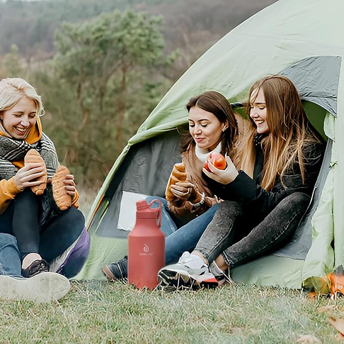 IDEUS Insulated Stainless Steel Water Bottle with 2 Leak-Proof Lids, Thermal Water Flask for Hiking Biking, 24oz, Orange