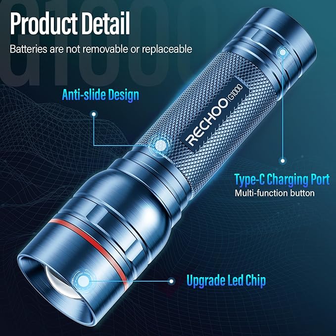 Rechargeable Flashlights High Lumens, G1000 Super Bright Flash Light, Small Zoomable LED Flashlight with 3 Lighting Modes, Portable Tactical Flashlight for Camping Essentials (Battery Included)-Blue